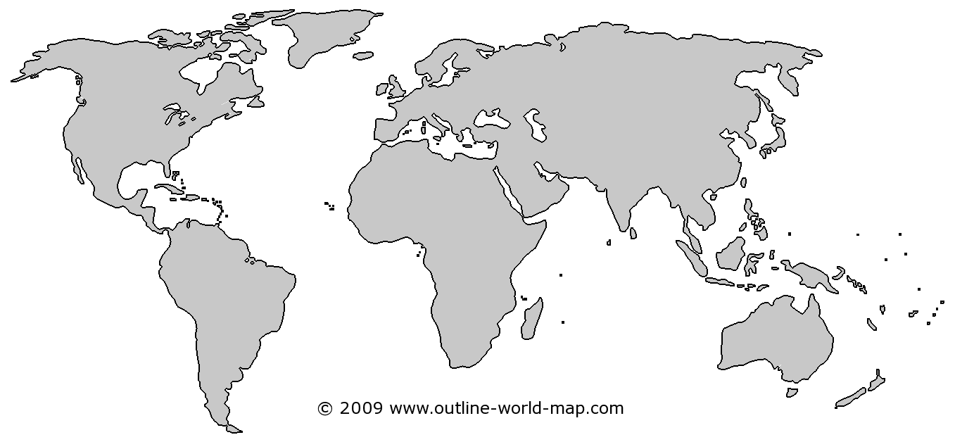 Blank outline world map with medium borders, gray continents and white oceans - b9b